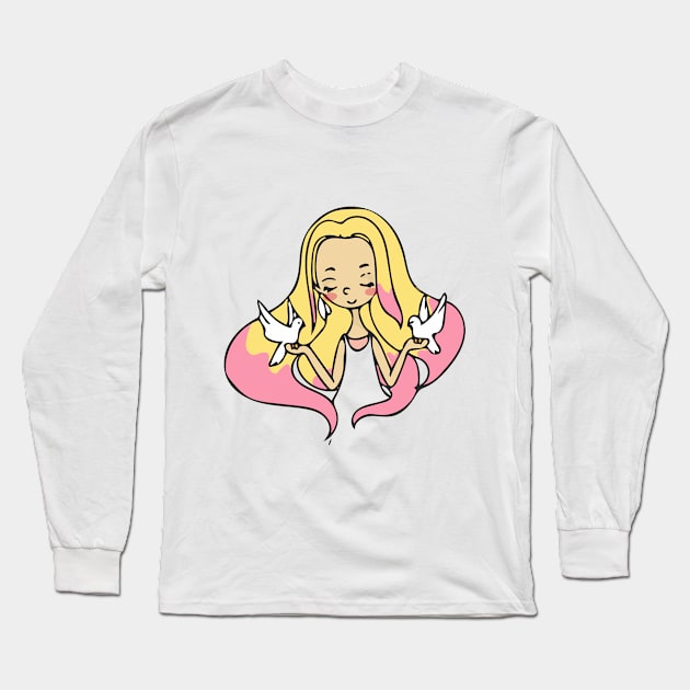 girl with birds Long Sleeve T-Shirt by PicMar